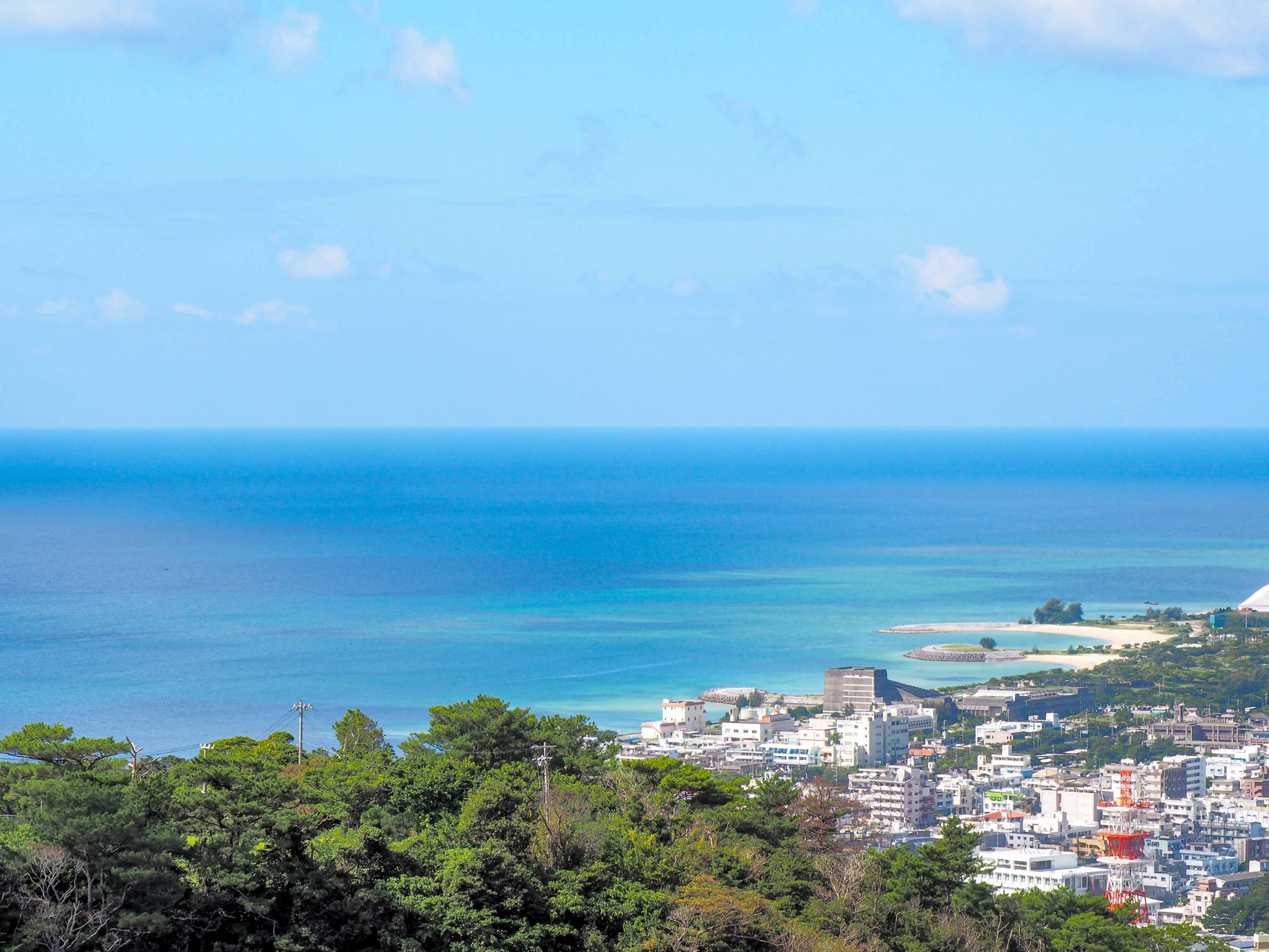 緑の丘から見渡す名護の市街地と青い海
